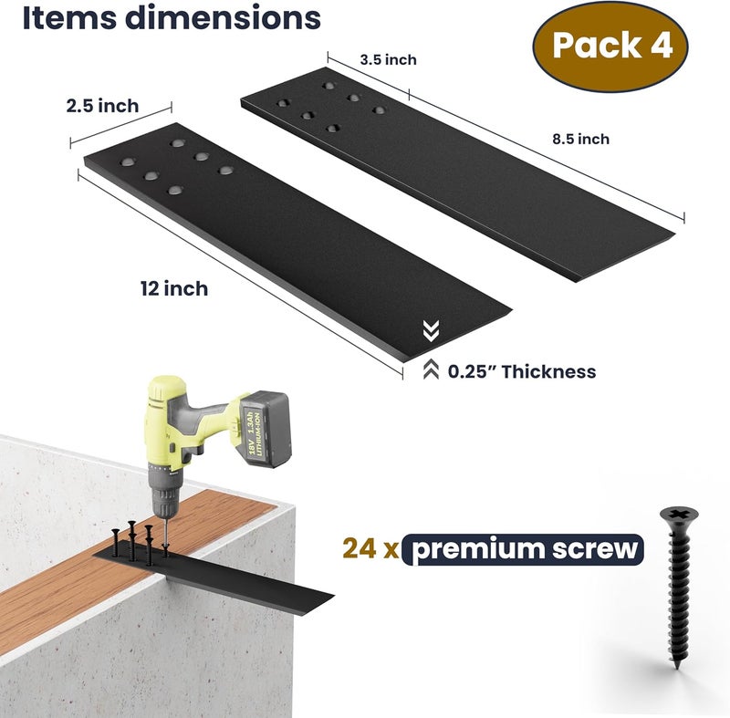 BATODA 12" Countertop Support Brackets (4 pcs) for Granite - Heavy Duty L Shelf Bracket - Wall Mounted Support for DIY Open Shelving – Knee Wall Support - Mounting Hardware Included ( Pack 4 ) - Image 3
